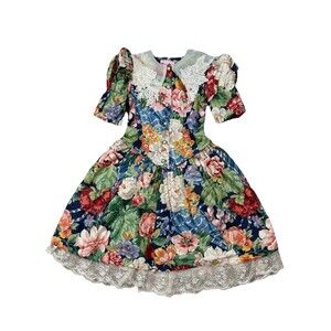 VTG 80 Jinelle Party Dress Girls Sz 8 Lace‎ Collar Puff Sleeves Sash USA GRUNGE